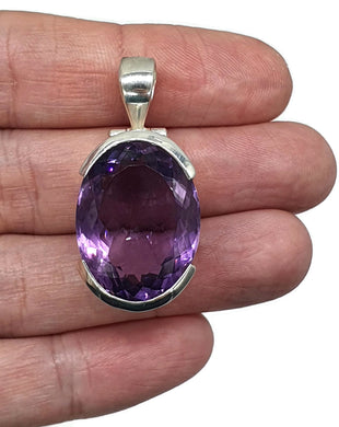 Deep Purple Amethyst Pendant, 29 carats, Oval Faceted, Sterling Silver, February Birthstone - GemzAustralia 