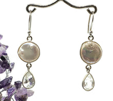 Load image into Gallery viewer, White Baroque Pearl &amp; White Topaz Earrings, Freshwater Pearls, Sterling Silver - GemzAustralia 