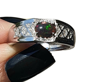 Black Opal & White Sapphire Ring, Size 9, Adjustable, Sterling Silver, Lucky Stone - GemzAustralia 