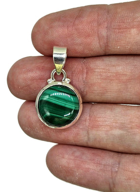 Round Malachite Pendant, Sterling Silver, Beautiful Rich Green Gemstone, Bezel Setting - GemzAustralia 