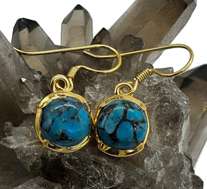 Blue Turquoise Earrings, Gold Plated Sterling Silver, Round Shaped, Protection Stone - GemzAustralia 