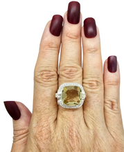Load image into Gallery viewer, Halo Lemon Quartz & Zircon Ring, Size 11, Cushion Square Facet, 8.5 carats, Sterling Silver, Mental Clarity, Confidence Gem