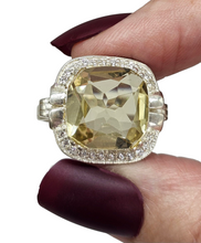 Load image into Gallery viewer, Halo Lemon Quartz & Zircon Ring, Size 11, Cushion Square Facet, 8.5 carats, Sterling Silver, Mental Clarity, Confidence Gem