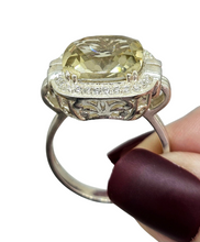Load image into Gallery viewer, Halo Lemon Quartz & Zircon Ring, Size 11, Cushion Square Facet, 8.5 carats, Sterling Silver, Mental Clarity, Confidence Gem