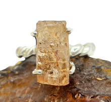 Load image into Gallery viewer, Rough Imperial Topaz Ring, Size 8, Sterling Silver, Raw Gemstone, Twisted Band, Rectangle Design, Manifestation Stone, Solar Plexus Chakra