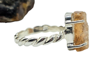 Load image into Gallery viewer, Rough Imperial Topaz Ring, Size 8, Sterling Silver, Raw Gemstone, Twisted Band, Rectangle Design, Manifestation Stone, Solar Plexus Chakra