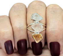 Load image into Gallery viewer, Raw Aquamarine, Rose Quartz & Citrine Ring, Size 7, Sterling Silver, March and November Birthstones, Rough Gemstones, Three Stone Ring