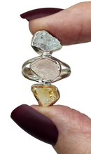 Load image into Gallery viewer, Raw Aquamarine, Rose Quartz & Citrine Ring, Size 7, Sterling Silver, March and November Birthstones, Rough Gemstones, Three Stone Ring