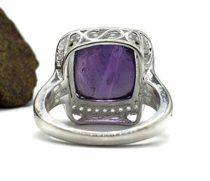 Amethyst Halo Ring, Size 9, Sterling Silver, Square Shaped, Cabochon Amethyst - GemzAustralia 