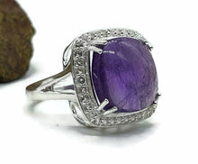 Load image into Gallery viewer, Amethyst Halo Ring, Size 9, Sterling Silver, Square Shaped, Cabochon Amethyst - GemzAustralia 