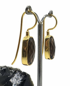 Smoky Quartz Earrings, Sterling Silver, 18K Gold Plated, Rectangle Shape - GemzAustralia 