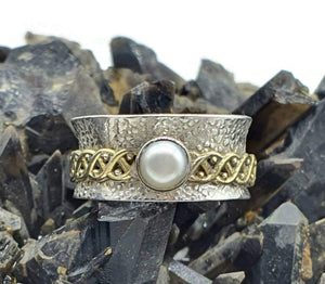 Pearl Spinner ring, Size 8, Two Tone, Sterling Silver, Solid Gold brass, Meditation Ring - GemzAustralia 