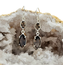Load image into Gallery viewer, Dangly Smoky Quartz Earrings, Double drops, Sterling Silver, Caramel Brown, Grounding