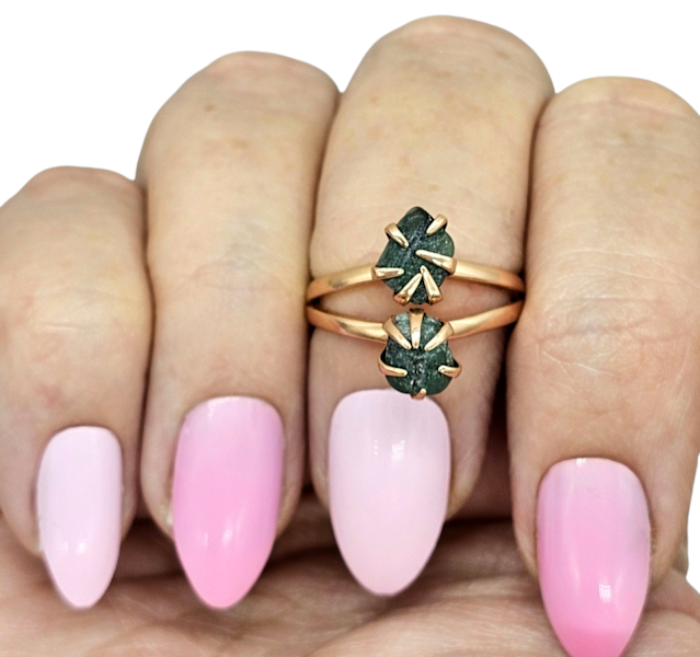 Rough Emerald Ring, May Birthstone, Size O 1/2, Rose Gold Plated Sterling Silver