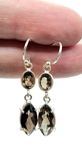 Dangly Smoky Quartz Earrings, Double drops, Sterling Silver, Caramel Brown, Grounding
