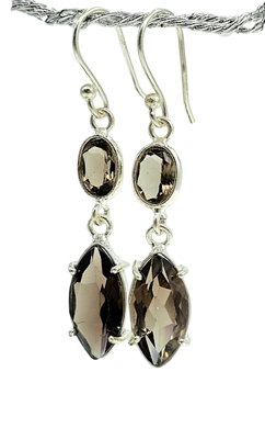 Dangly Smoky Quartz Earrings, Double drops, Sterling Silver, Caramel Brown, Grounding