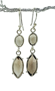 Dangly Smoky Quartz Earrings, Double drops, Sterling Silver, Caramel Brown, Grounding