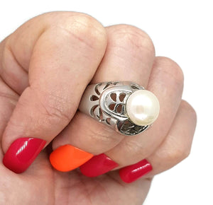 Pearl Ring, 925 Sterling Silver, White Lustre, Matte Silver & Highly polished Silver, size 7 1/2 - GemzAustralia 