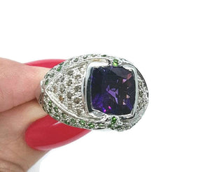 Amethyst, Diamond & Tsavorite Ring, size 7 1/2, 925 Sterling Silver, Square Ring - GemzAustralia 