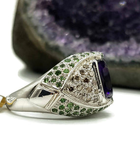 Amethyst, Diamond & Tsavorite Ring, size 7 1/2, 925 Sterling Silver, Square Ring - GemzAustralia 