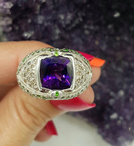 Amethyst, Diamond & Tsavorite Ring, size 7 1/2, 925 Sterling Silver, Square Ring - GemzAustralia 