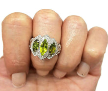 Load image into Gallery viewer, Green Tourmaline &amp; Natural White Zircon Ring, size 7.25, 925 Sterling Silver, Trilogy Ring - GemzAustralia 