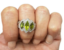 Load image into Gallery viewer, Green Tourmaline &amp; Natural White Zircon Ring, size 7.25, 925 Sterling Silver, Trilogy Ring - GemzAustralia 