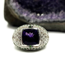 Load image into Gallery viewer, Amethyst, Diamond &amp; Tsavorite Ring, size 7 1/2, 925 Sterling Silver, Square Ring - GemzAustralia 