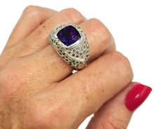 Load image into Gallery viewer, Amethyst, Diamond &amp; Tsavorite Ring, size 7 1/2, 925 Sterling Silver, Square Ring - GemzAustralia 