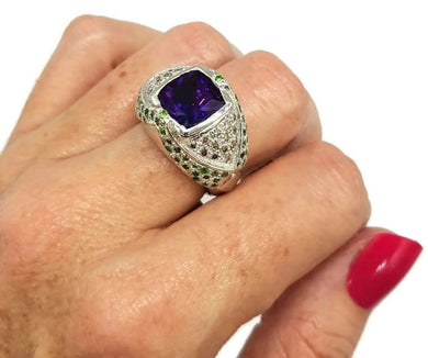 Amethyst, Diamond & Tsavorite Ring, size 7 1/2, 925 Sterling Silver, Square Ring - GemzAustralia 