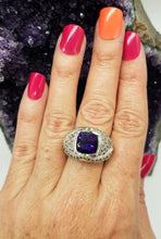 Load image into Gallery viewer, Amethyst, Diamond &amp; Tsavorite Ring, size 7 1/2, 925 Sterling Silver, Square Ring - GemzAustralia 