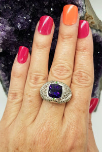 Amethyst, Diamond & Tsavorite Ring, size 7 1/2, 925 Sterling Silver, Square Ring - GemzAustralia 