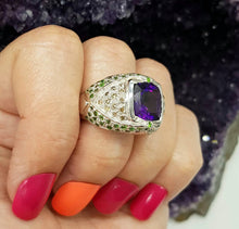 Load image into Gallery viewer, Amethyst, Diamond &amp; Tsavorite Ring, size 7 1/2, 925 Sterling Silver, Square Ring - GemzAustralia 