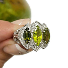 Load image into Gallery viewer, Green Tourmaline &amp; Natural White Zircon Ring, size 7.25, 925 Sterling Silver, Trilogy Ring - GemzAustralia 