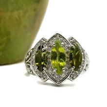 Load image into Gallery viewer, Green Tourmaline &amp; Natural White Zircon Ring, size 7.25, 925 Sterling Silver, Trilogy Ring - GemzAustralia 