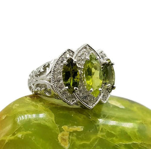 Green Tourmaline & Natural White Zircon Ring, size 7.25, 925 Sterling Silver, Trilogy Ring - GemzAustralia 