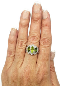 Green Tourmaline & Natural White Zircon Ring, size 7.25, 925 Sterling Silver, Trilogy Ring - GemzAustralia 