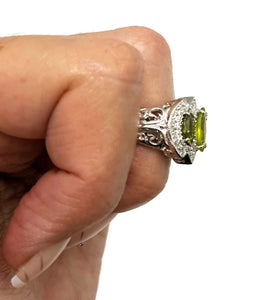 Green Tourmaline & Natural White Zircon Ring, size 7.25, 925 Sterling Silver, Trilogy Ring - GemzAustralia 