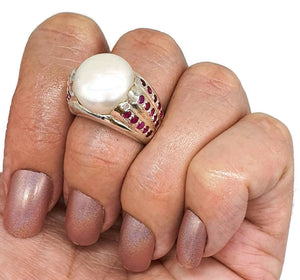Mabe Pearl & Ruby Ring, 925 Sterling Silver, June / July Birthstones, Size 8 - GemzAustralia 