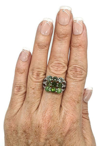 Green & Blue Tourmaline Ring, size 9, Sterling Silver, Nine Stone ring - GemzAustralia 