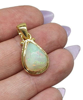 Pear Ethiopian Opal Pendant, Sterling Silver, 18K Gold Plated, October Birthstone - GemzAustralia 