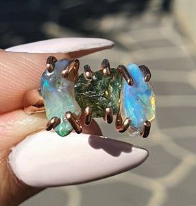 Ethiopian Opal & Green Apatite Ring, Size 7.75, Sterling Silver, 14k Rose Gold Plated - GemzAustralia 