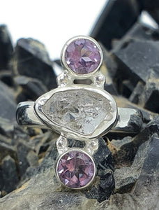 Raw Herkimer Diamond & Amethyst Ring, Size 6.5, Sterling Silver, Ascension Gem - GemzAustralia 