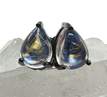 Load image into Gallery viewer, Rainbow Moonstone Stud Earrings, Black Sterling Silver, Pear shaped, Oxidized - GemzAustralia 