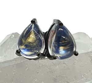 Rainbow Moonstone Stud Earrings, Black Sterling Silver, Pear shaped, Oxidized - GemzAustralia 