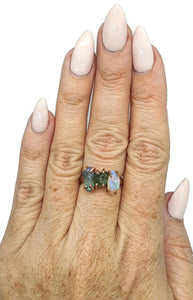 Ethiopian Opal & Green Apatite Ring, Size 7.75, Sterling Silver, 14k Rose Gold Plated - GemzAustralia 