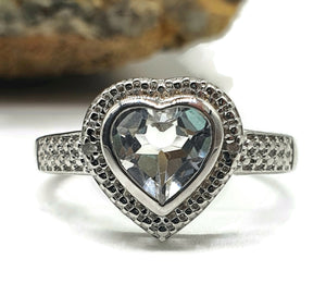 White Topaz & Diamond Heart Ring, Size 7, Sterling Silver, Energy Gemstone - GemzAustralia 
