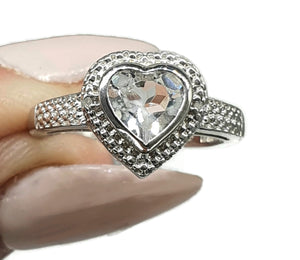White Topaz & Diamond Heart Ring, Size 7, Sterling Silver, Energy Gemstone - GemzAustralia 