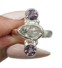 Load image into Gallery viewer, Raw Herkimer Diamond &amp; Amethyst Ring, Size 6.5, Sterling Silver, Ascension Gem - GemzAustralia 