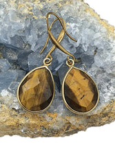 Load image into Gallery viewer, Tiger&#39;s Eye Earrings, Pear Shaped, Sterling Silver, 14k Gold Plated, Courage &amp; Strength - GemzAustralia 